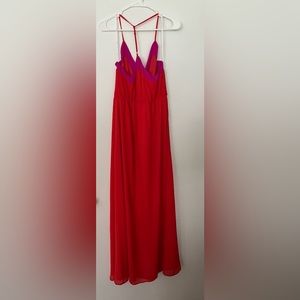 Lulus Bright Side Coral Red Color Block Maxi Dress